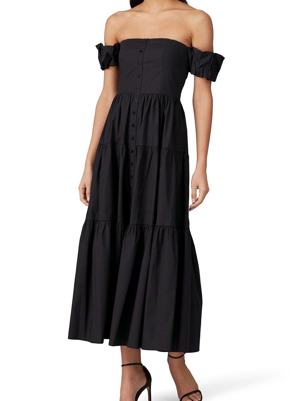 STAUD Black Off-Shoulder Tiered Midi Dress Size 0